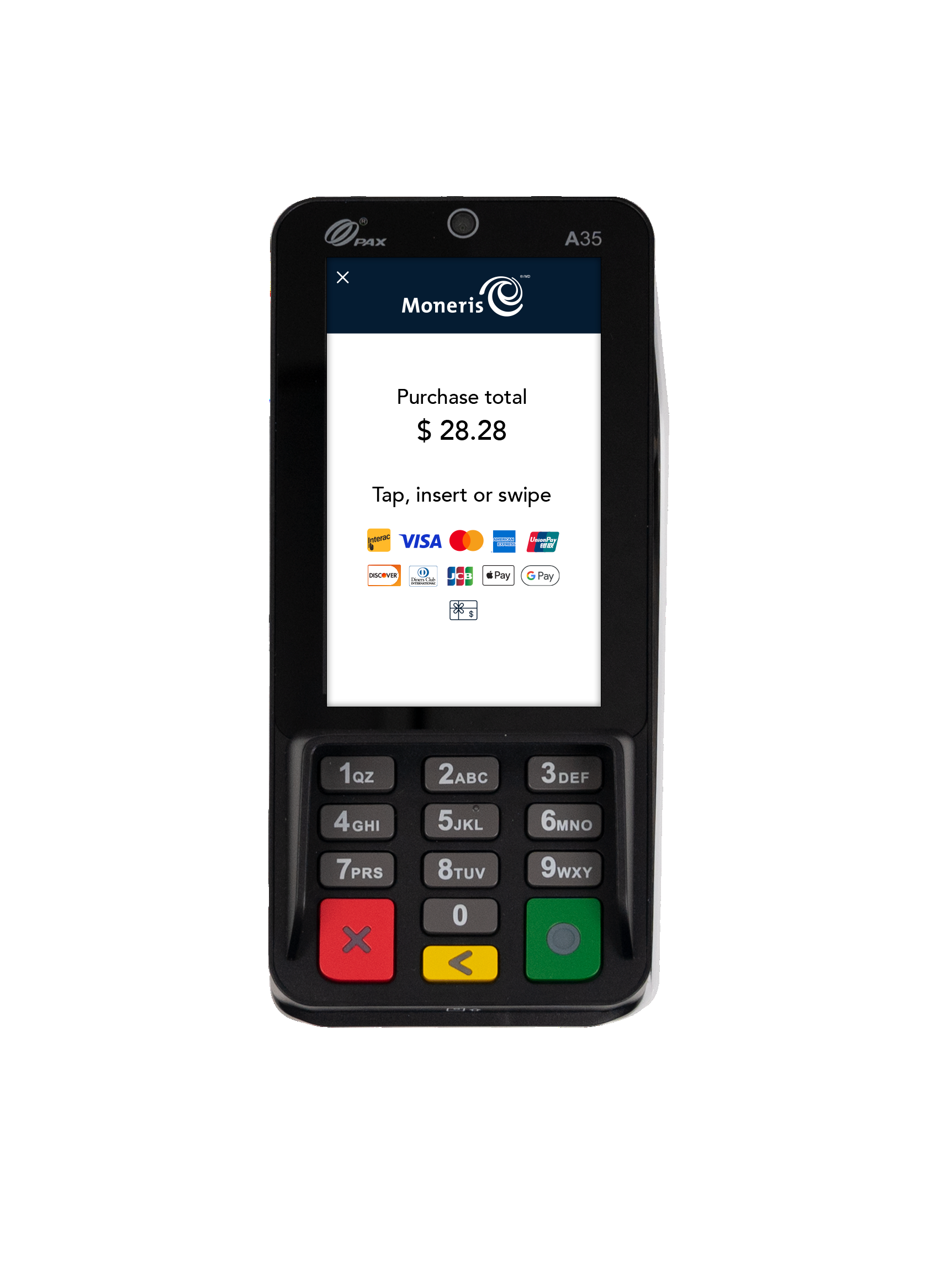 Moneris A35 terminal showing accepted payment methods