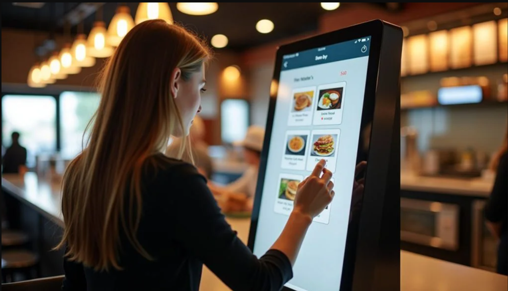 Customer using WinRest self-ordering kiosk