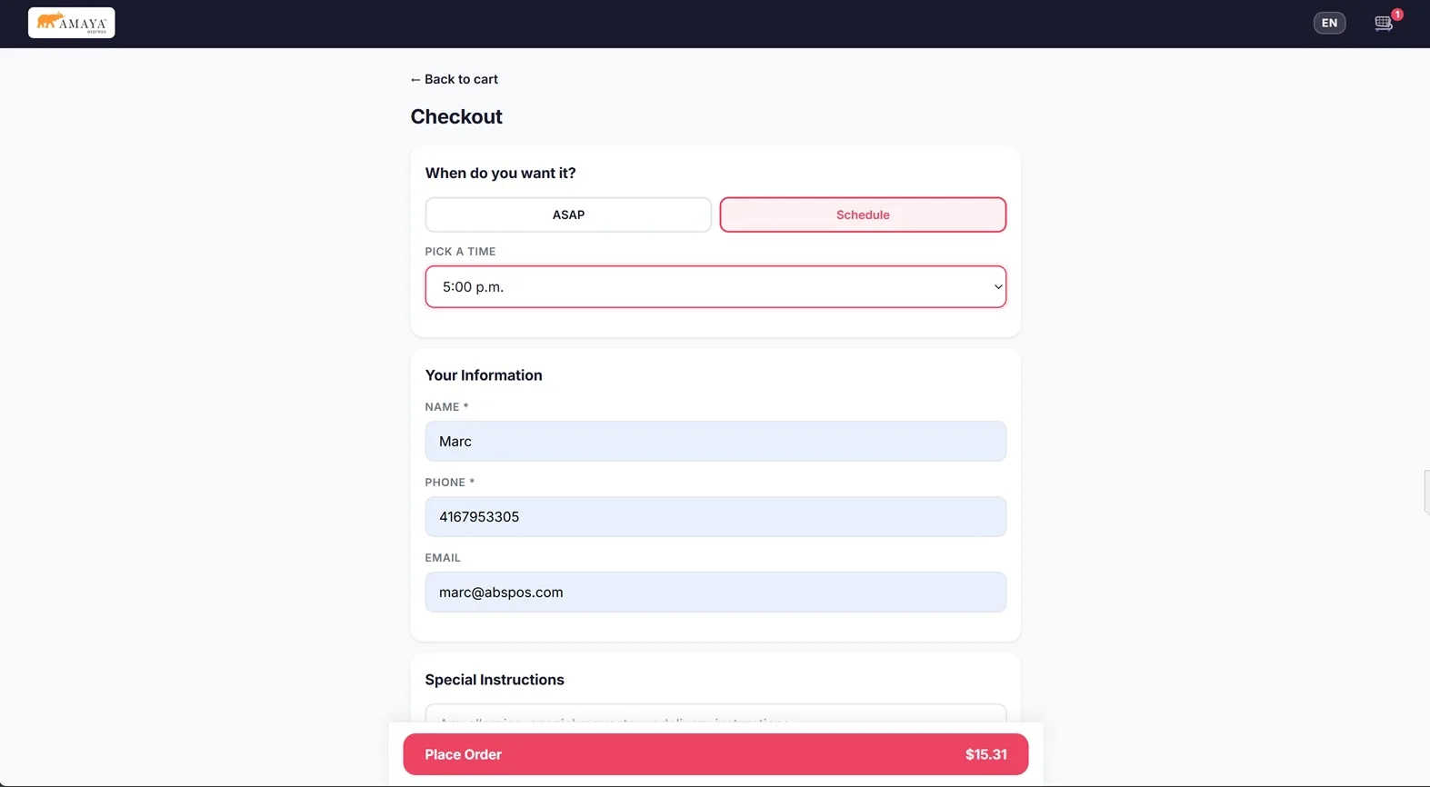 WinRest Order checkout page with ASAP and scheduled ordering, customer information form, and promo codes
