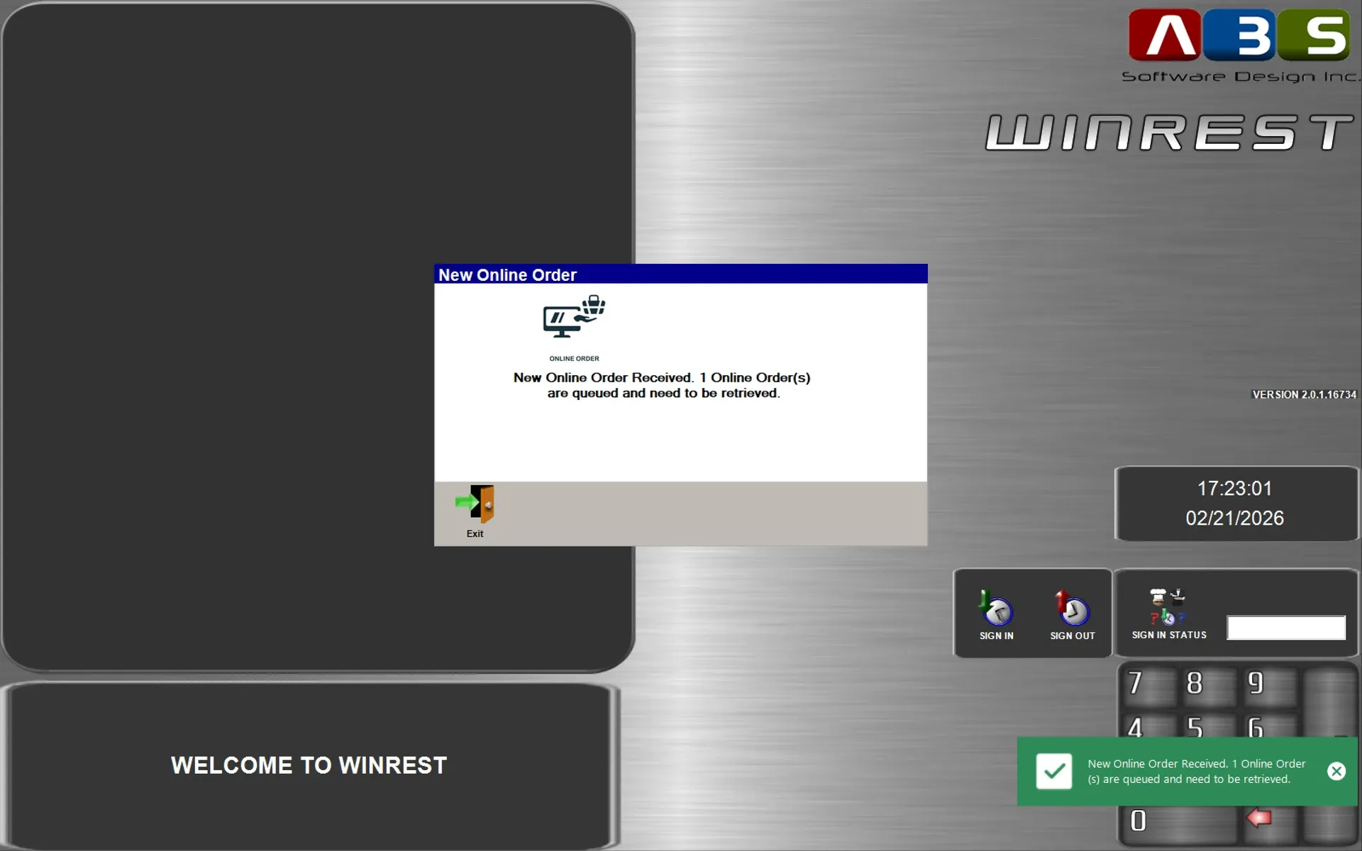 WinRest POS new online order notification popup with order count and retrieve prompt