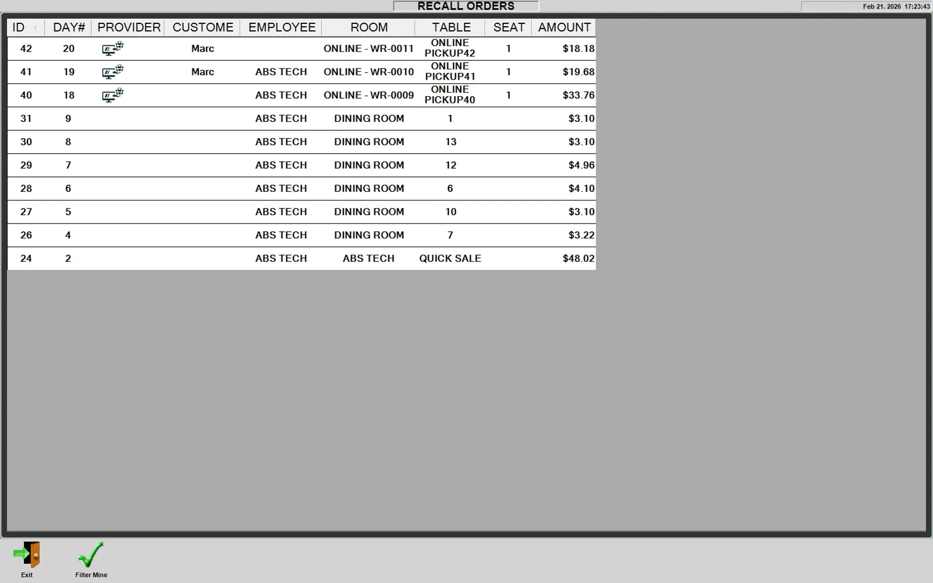 WinRest POS recall orders screen showing online pickup orders alongside dine-in orders with amounts