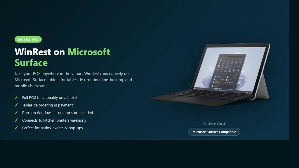 WinRest POS on Microsoft Surface Go Tablet