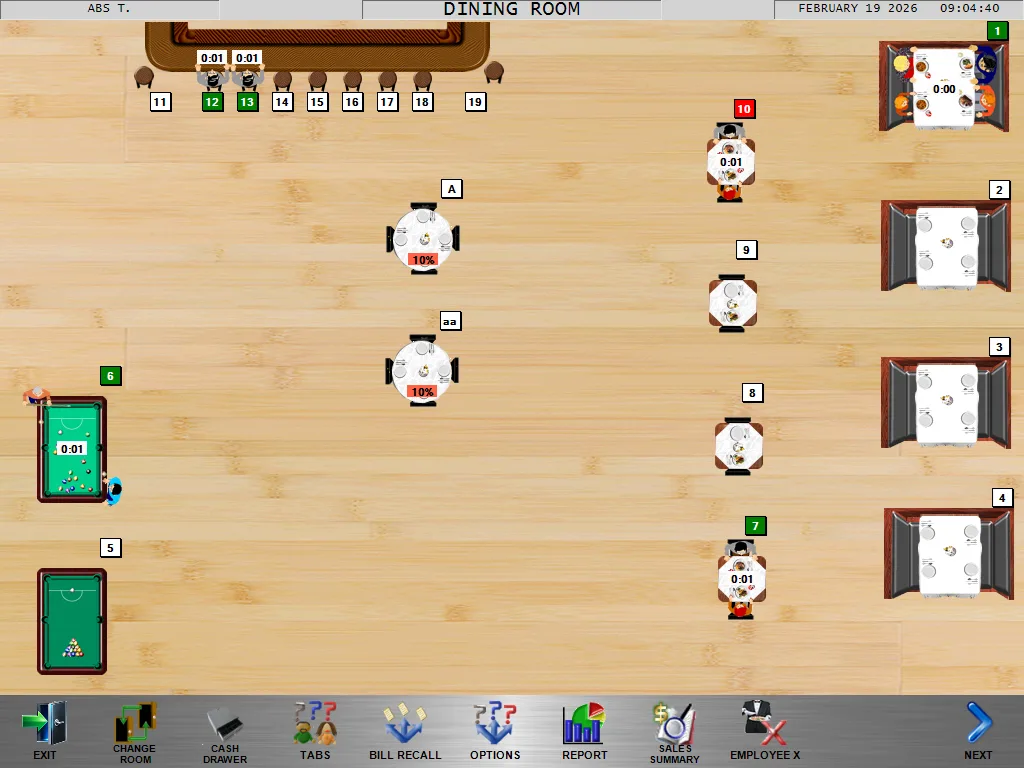 WinRest visual dining room floor plan with table status